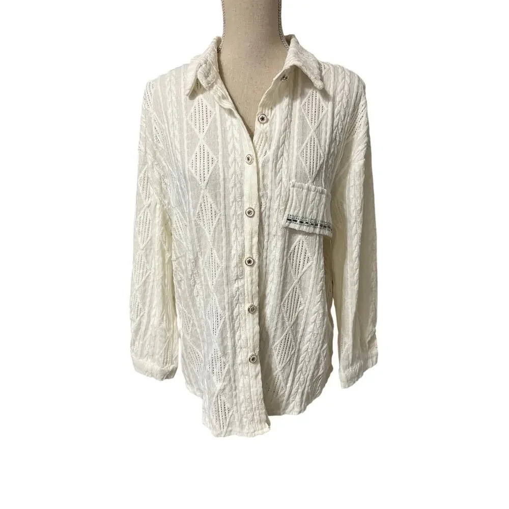 Liwisi Cream Textured Button Down Blouse – Size M – NWT - Picture 2 of 8